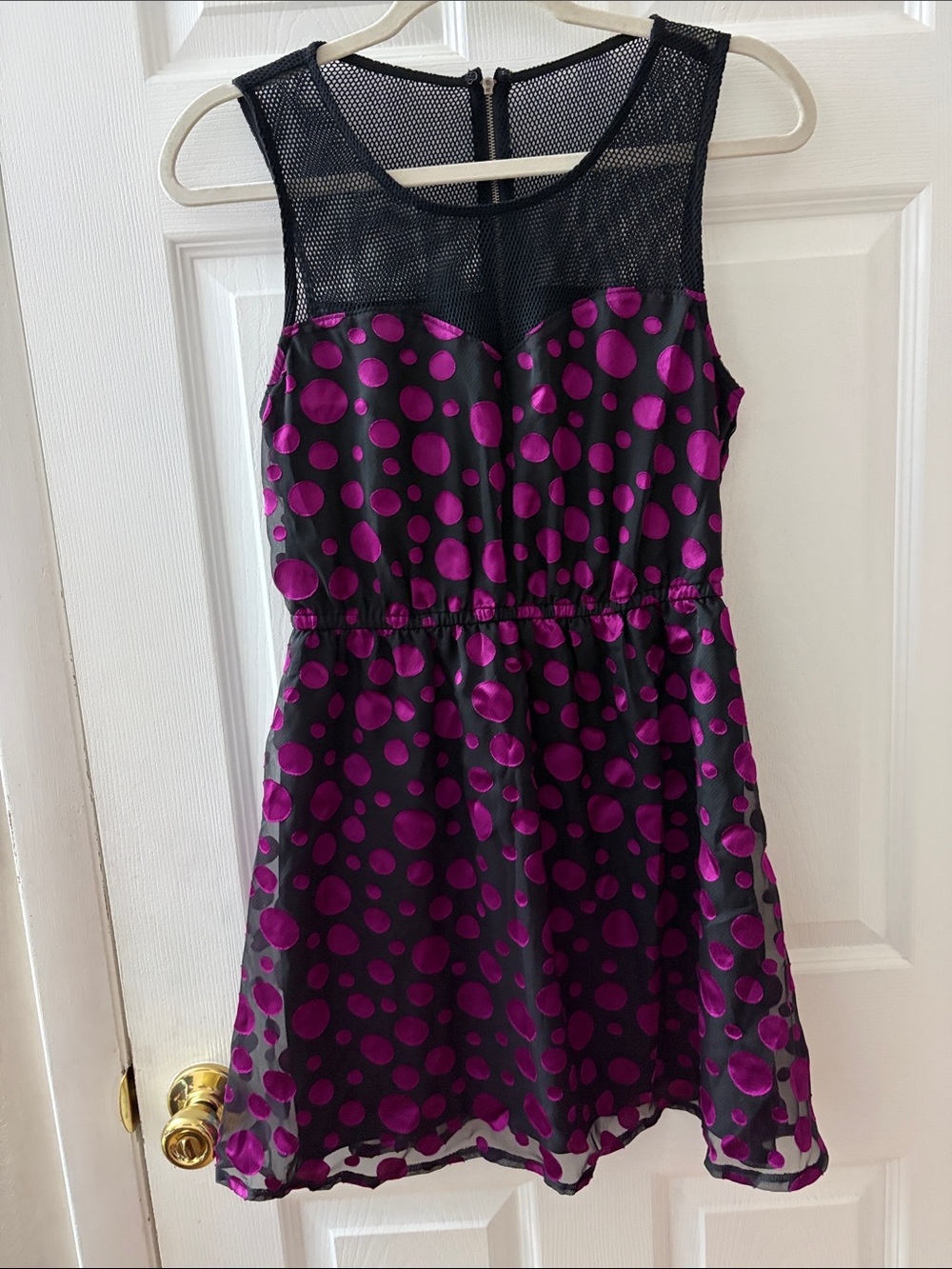Black and Fuchsia Polka Dot Mesh Mini Dress
